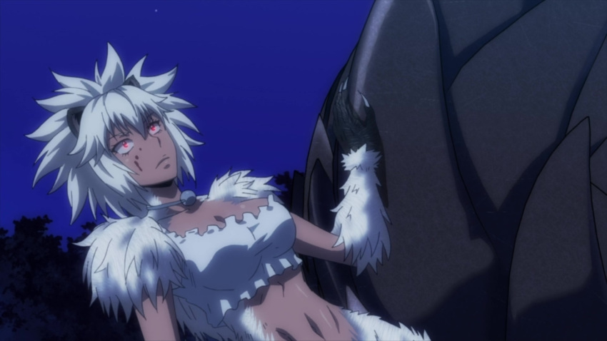 1girl breasts cleavage dark_skin fangs female fur glowing_eyes grey_fur grey_hair highres killing_bites monster_girl night open_mouth ratel_ears red_eyes screencap short_hair spiky_hair teeth torn_clothes uzaki_hitomi wild