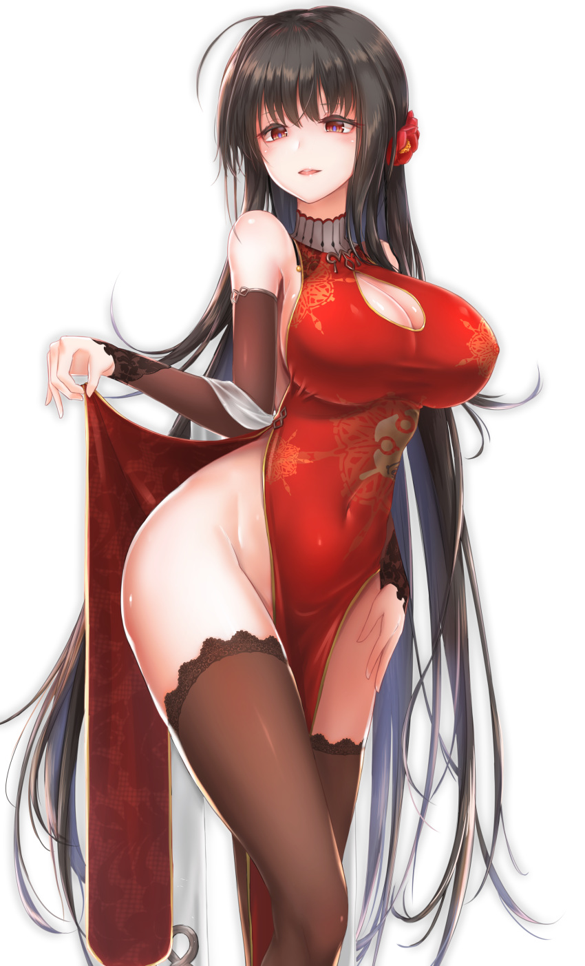 absurdres armlet bare_shoulders black_legwear blush breasts brown_hair brown_legwear china_dress chinese_clothes cleavage_cutout closed_mouth commentary covered_navel detached_sleeves dress dress_lift dsr-50_(girls_frontline) eyebrows_visible_through_hair feet_out_of_frame flower girls_frontline groin gukukimu hair_flower hair_ornament hand_on_own_thigh head_tilt highres lace-trimmed_legwear large_breasts leaning_forward lifted_by_self long_hair no_panties open_mouth pelvic_curtain red_dress red_eyes shiny shiny_skin side_slit sidelocks simple_background smile solo tareme thighhighs thighs very_long_hair