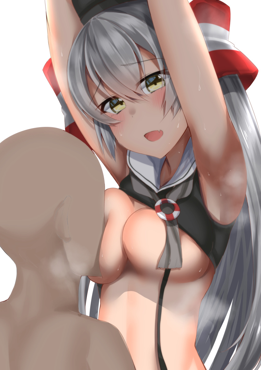 alternate_breast_size amatsukaze_(kantai_collection) armpits blush breast_sucking breasts commentary dress grey_hair hair_tubes hetero highres kantai_collection kitajima_yuuki long_hair looking_at_viewer medium_breasts open_mouth sailor_collar sailor_dress school_uniform simple_background solo_focus two_side_up white_background yellow_eyes