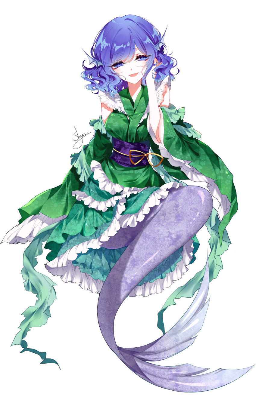 :d absurdres adapted_costume artist_name bare_shoulders blue_eyes blue_hair blush breasts detached_sleeves eyebrows_visible_through_hair floral_print frilled_kimono frilled_sleeves frills full_body green_kimono hair_between_eyes hand_in_hair hand_up head_fins head_tilt highres invisible_chair japanese_clothes kimono long_sleeves looking_at_viewer medium_breasts mermaid monster_girl obi open_mouth purple_sash ribbon sash sheya short_hair signature simple_background sitting sleeves_past_fingers sleeves_past_wrists smile solo touhou wakasagihime wavy_hair white_background wide_sleeves yellow_ribbon