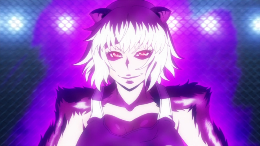 1girl breasts cleavage dark_skin fangs female fur glowing_eyes grey_fur grey_hair highres killing_bites monster_girl night open_mouth ratel_ears red_eyes screencap short_hair spiky_hair teeth torn_clothes uzaki_hitomi wild