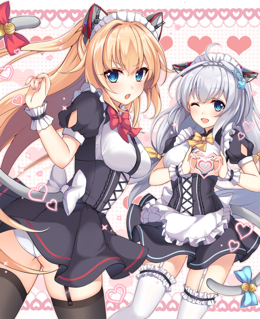 ;d ahoge alternate_costume animal_ears apron ass bangs bell black_dress black_legwear blonde_hair blue_bow blue_eyes blue_ribbon blush bow braid breasts cat_ears cat_girl cat_tail claxton_(zhan_jian_shao_nyu) commentary_request dress dyson_(zhan_jian_shao_nyu) enmaided eyebrows_visible_through_hair fingernails frilled_apron frilled_legwear frills garter_straps hair_between_eyes hair_bow hair_ribbon hand_up hands_up hasu_(velicia) heart heart_hands highres jingle_bell kemonomimi_mode long_hair low_twintails maid maid_headdress mechanical_ears medium_breasts moe_moe_kyun! multiple_girls one_eye_closed open_mouth panties pleated_dress puffy_short_sleeves puffy_sleeves red_bow ribbon short_sleeves silver_hair small_breasts smile sparkle tail tail_bell tail_bow thighhighs twintails two_side_up underwear very_long_hair waist_apron white_apron white_legwear white_panties wrist_cuffs yellow_bow zhan_jian_shao_nyu