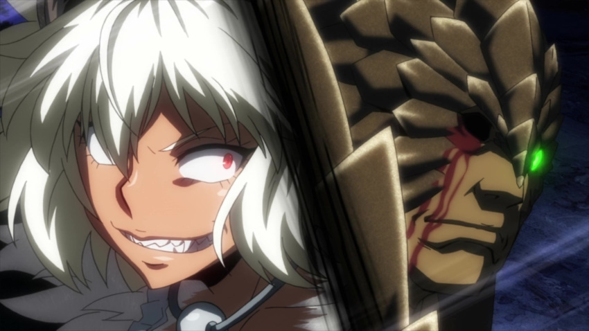 1girl breasts cleavage dark_skin fangs female fur glowing_eyes grey_fur grey_hair highres killing_bites monster_girl night open_mouth ratel_ears red_eyes screencap short_hair spiky_hair teeth torn_clothes uzaki_hitomi wild