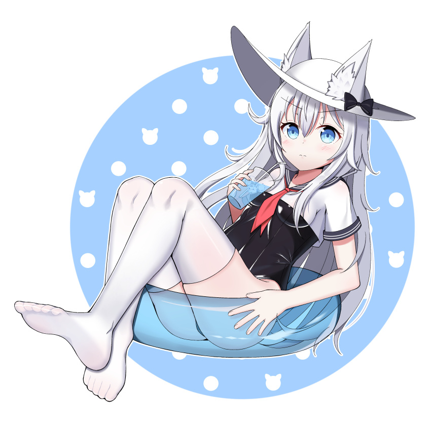 absurdres animal_ears azur_lane bendy_straw black_bow black_sailor_collar black_swimsuit blue_eyes blue_innertube bow breasts cat_ears collar commentary_request cup drink drinking_glass drinking_straw ears_through_headwear fingernails hammann_(azur_lane) hat hat_bow highres holding holding_cup ice ice_cube innertube long_hair medium_breasts neckerchief no_shoes one-piece_swimsuit polka_dot red_neckwear sailor_collar school_swimsuit school_uniform see-through serafuku shirt short_sleeves silver_hair soles solo starfox1015 swimsuit swimsuit_under_clothes thighhighs transparent very_long_hair white_background white_hat white_legwear white_shirt