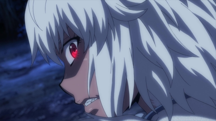 1girl breasts cleavage dark_skin fangs female fur glowing_eyes grey_fur grey_hair highres killing_bites monster_girl night open_mouth ratel_ears red_eyes screencap short_hair spiky_hair teeth torn_clothes uzaki_hitomi wild