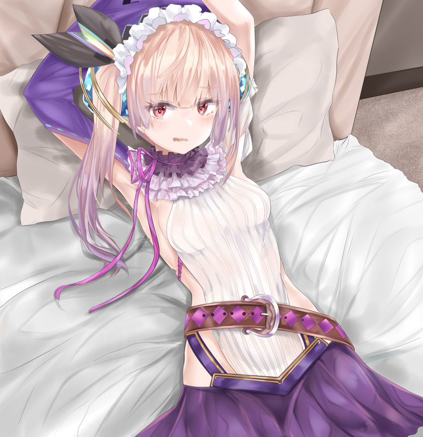 absurdres armpits arms_up atelier_(series) atelier_lydie_&amp;_suelle bangs bed belt belt_buckle blush breasts brown_belt buckle chinese_commentary commentary_request dress eyebrows_visible_through_hair hair_between_eyes highres indoors light_brown_hair long_hair looking_at_viewer lydie_marlen lying medium_breasts on_back on_bed parted_lips pillow pleated_skirt purple_skirt red_eyes ribbed_dress ribbon-trimmed_sleeves ribbon_trim ru_zhai side_ponytail sideboob sidelocks skirt solo wavy_mouth white_dress