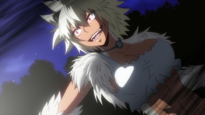 1girl breasts cleavage dark_skin fangs female fur glowing_eyes grey_fur grey_hair highres killing_bites monster_girl night open_mouth ratel_ears red_eyes screencap short_hair spiky_hair teeth torn_clothes uzaki_hitomi wild