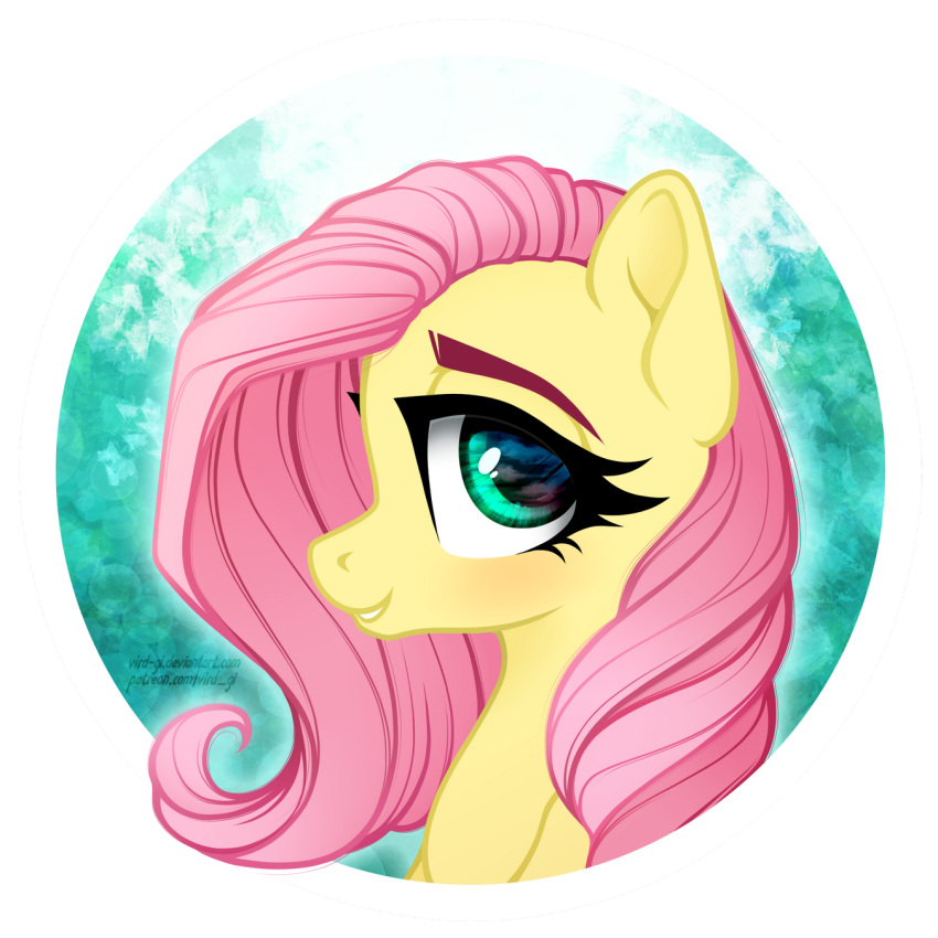 2018 alpha_channel bust_portrait cute equine eyebrows eyelashes female feral fluttershy_(mlp) friendship_is_magic grin hair long_hair looking_at_viewer makeup mammal mascara my_little_pony pink_hair portrait side_view smile solo teal_background teal_eyes teeth text url vird-gi