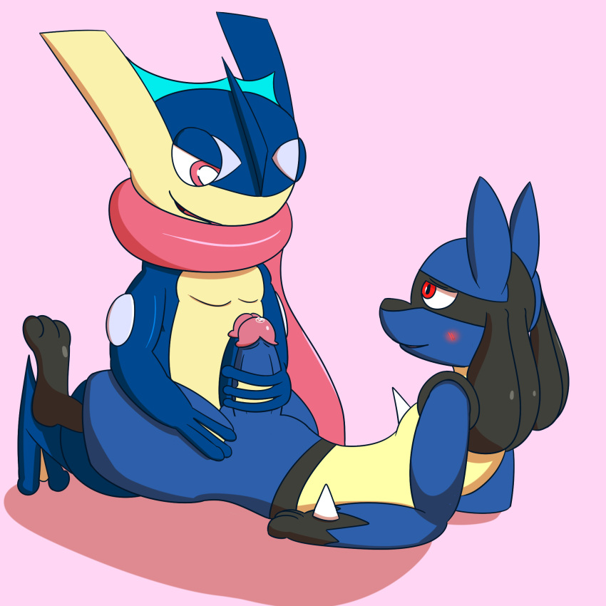 2018 amphibian balls blue_fur blush dabelette digital_media_(artwork) duo erection frottage fur greninja humanoid_penis lucario male male/male nintendo penis pok&eacute;mon pok&eacute;mon_(species) precum red_eyes sex simple_background smile tongue tongue_out video_games