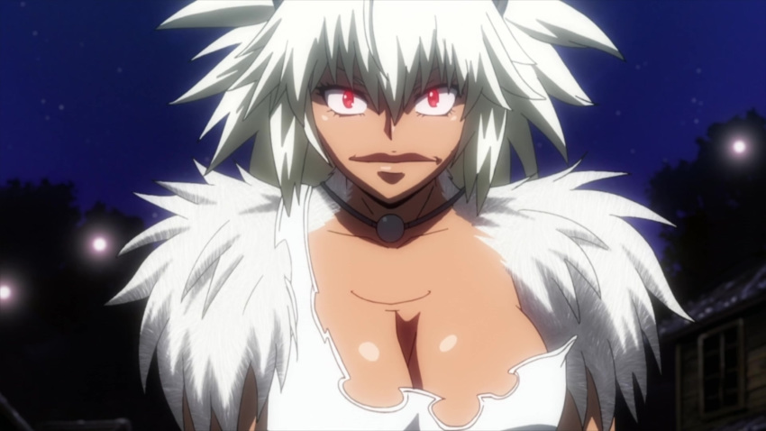 1girl breasts cleavage dark_skin female fur grey_fur grey_hair highres killing_bites monster_girl night ratel_ears red_eyes screencap short_hair spiky_hair torn_clothes uzaki_hitomi wild