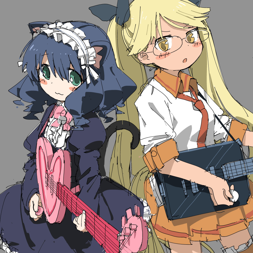 :3 absurdres animal_ears back-to-back bass_guitar blush_stickers cat_ears cat_girl cyan_(show_by_rock!!) dark_skin electric_guitar glasses grey_background guitar highres instrument lolita_fashion long_hair looking_at_another multiple_girls plectrum retoree show_by_rock!! simple_background skirt strawberry_heart tail tsukumizu_yuu wavy_hair