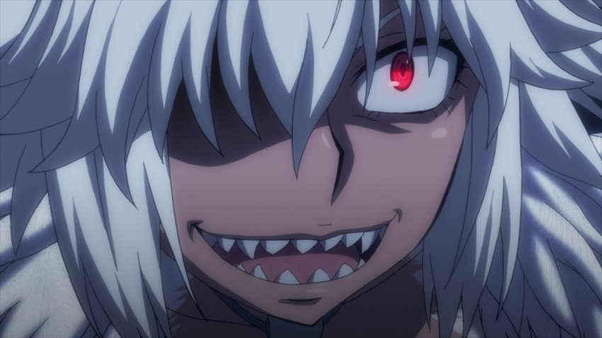 1girl breasts cleavage dark_skin fangs female fur glowing_eyes grey_fur grey_hair highres killing_bites monster_girl night open_mouth ratel_ears red_eyes screencap short_hair spiky_hair teeth torn_clothes uzaki_hitomi wild