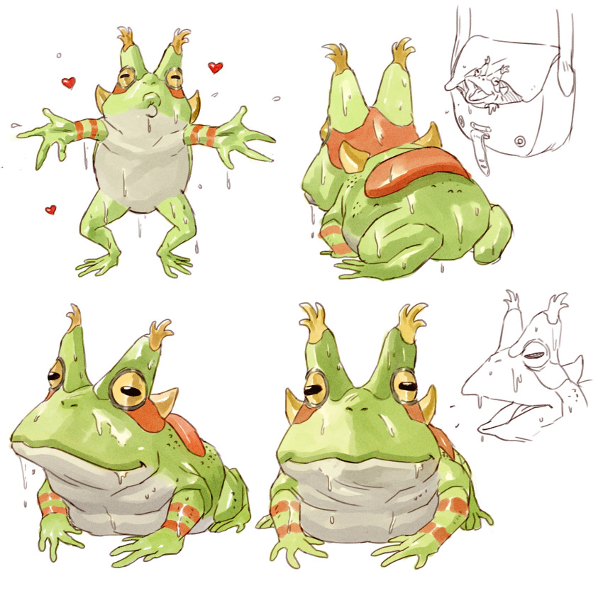 &lt;3 ambiguous_gender amphibian bag featureless_crotch feral frog green_skin juanito_medina simple_background solo standing sweat white_background