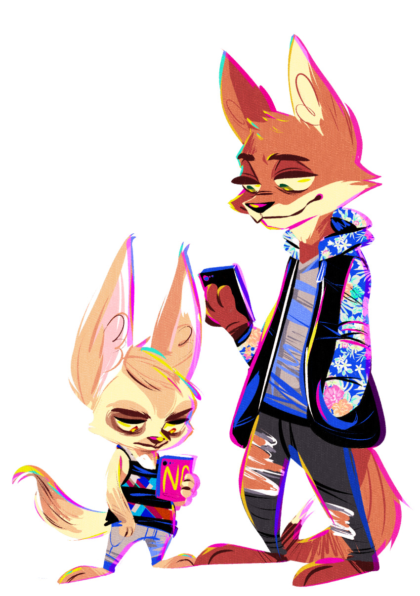 1980s 4_fingers alpha_channel anthro barefoot big_ears big_head brown_fur canine cellphone clothed clothing digital_media_(artwork) disney duo fennec finnick fox fully_clothed fur hand_in_pocket hi_res holding_object holding_phone hoodie jacket looking_down male mammal meatking nick_wilde orange_fur pants phone retro shirt simple_background size_difference tank_top toony torn_clothing transparent_background zootopia