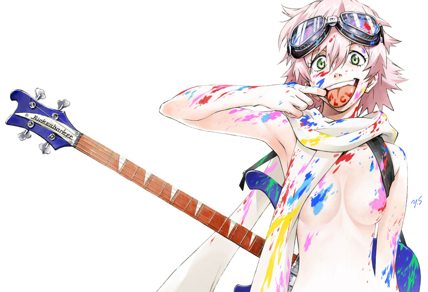 :p bass_guitar bodypaint breasts flcl goggles goggles_on_head guitar haruhara_haruko highres instrument looking_at_viewer medium_breasts naked_paint nude official_art paint paint_on_face paint_splatter pink_hair sadamoto_yoshiyuki scarf shiny shiny_hair shiny_skin short_hair simple_background smile solo tongue tongue_out white_background yellow_eyes