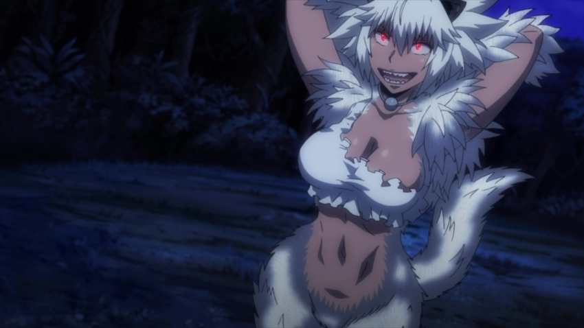 1girl breasts cleavage dark_skin fangs female fur glowing_eyes grey_fur grey_hair highres killing_bites monster_girl night open_mouth ratel_ears red_eyes screencap short_hair spiky_hair teeth torn_clothes uzaki_hitomi wild