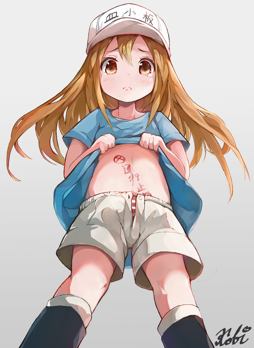 absurdres blue_shirt body_writing brown_hair commentary flat_cap frown grey_background hair_between_eyes hat hataraku_saibou highres lifted_by_self long_hair looking_at_viewer navel open_clothes open_shorts panties piliheros2000 platelet_(hataraku_saibou) red_eyes shirt shirt_lift shorts signature simple_background solo stomach striped striped_panties tears unbuttoned underwear