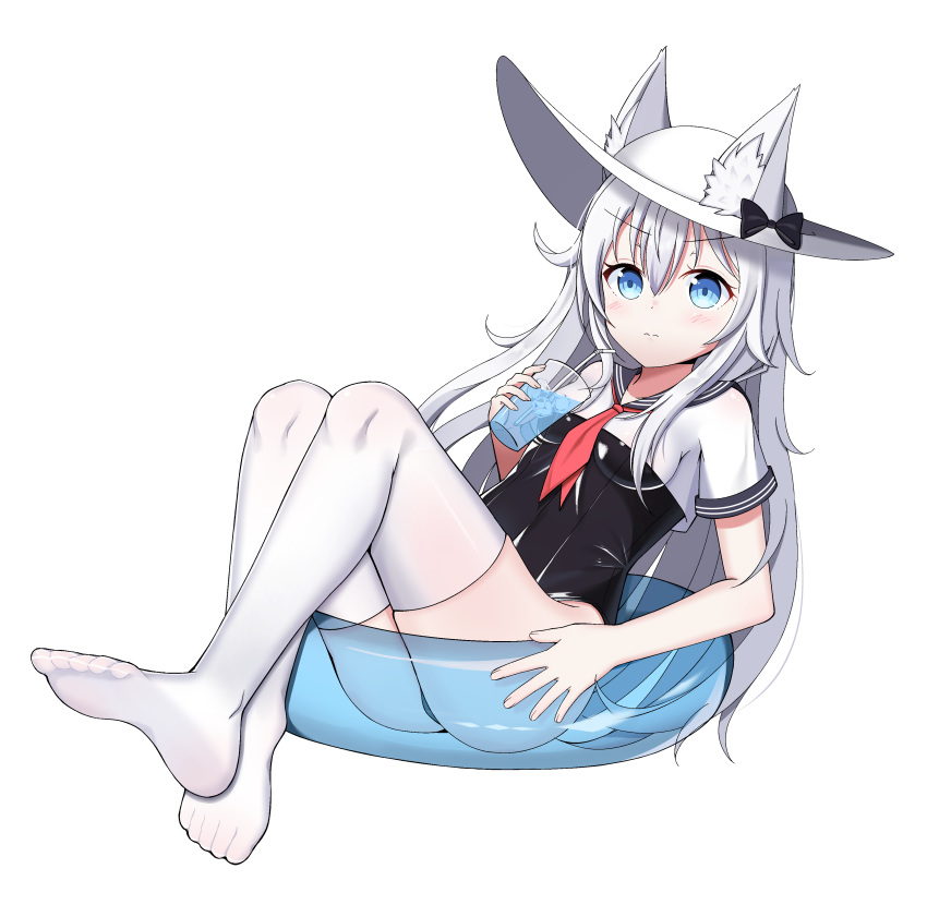 absurdres animal_ears azur_lane bendy_straw black_bow black_sailor_collar black_swimsuit blue_innertube bow cat_ears collar cup drink drinking_glass drinking_straw ears_through_headwear fingernails hammann_(azur_lane) hat hat_bow highres holding holding_cup ice ice_cube innertube long_hair no_shoes one-piece_swimsuit red_neckwear sailor_collar school_swimsuit school_uniform see-through serafuku shirt short_sleeves silver_hair simple_background soles solo starfox1015 swimsuit swimsuit_under_clothes thighhighs transparent very_long_hair white_background white_hat white_legwear white_shirt