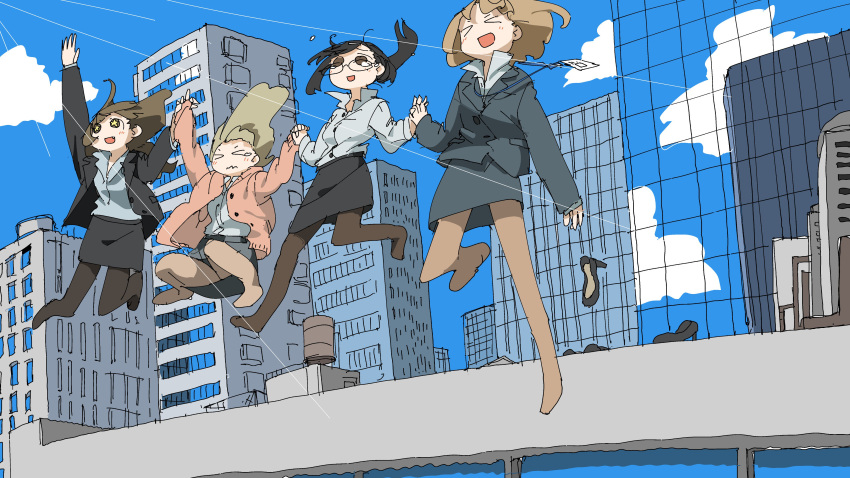 &gt;_&lt; :d absurdres blue_sky brown_hair building closed_eyes cloud cloudy_sky crying day formal glasses high_heels highres holding_hands id_card jumping kirara_jump long_hair multiple_girls office_lady open_mouth original pantyhose shoes_removed skirt_suit sky skyscraper smile star star-shaped_pupils suicide suit symbol-shaped_pupils tears tsukumizu_yuu