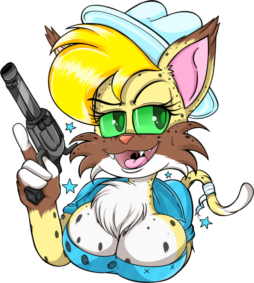 2018 anthro big_breasts big_ears blonde_hair bobcat breasts clothing cowboy_hat cute dixie_mae_carlisle_(character) feline female froggywithfries fur green_eyes gun hair hat hi_res looking_at_viewer lynx mammal open_mouth ranged_weapon redneck smile solo southern weapon yellow_fur