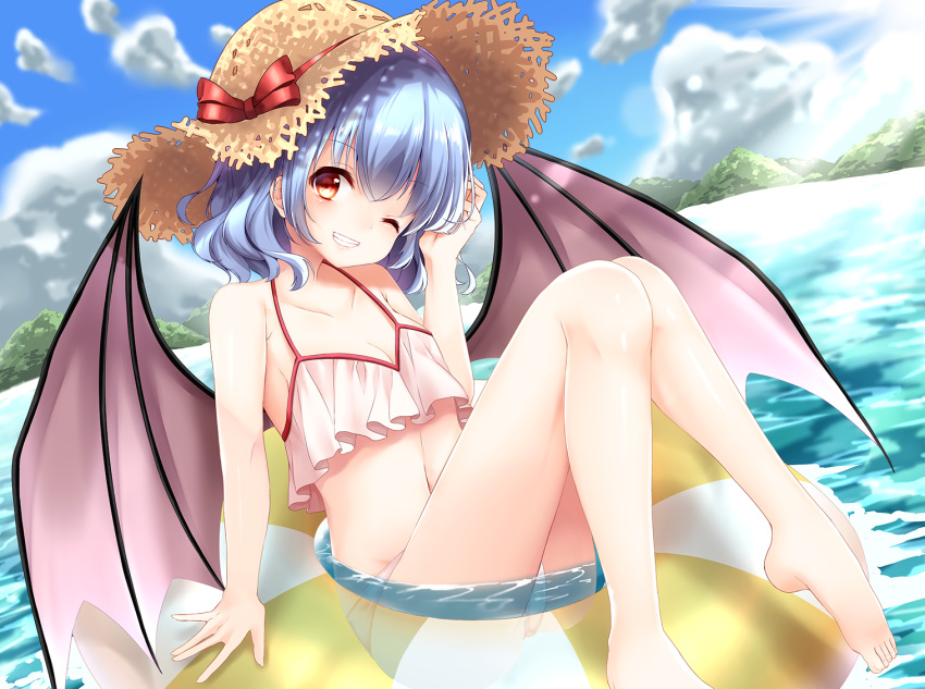 ;) alternate_headwear arm_support ass bad_feet bare_arms bare_shoulders bat_wings bikini blue_hair blue_sky blush bow breasts brown_hat cleavage cloud collarbone commentary_request day dutch_angle eyebrows_visible_through_hair feet_out_of_frame grin hair_between_eyes hand_up hat hat_bow head_tilt innertube knees_up light_rays looking_at_viewer mumu-crown navel one_eye_closed outdoors red_bow red_eyes remilia_scarlet see-through shiny shiny_skin short_hair sitting sky small_breasts smile solo stomach sun sun_hat swimsuit thighs touhou water white_bikini wings