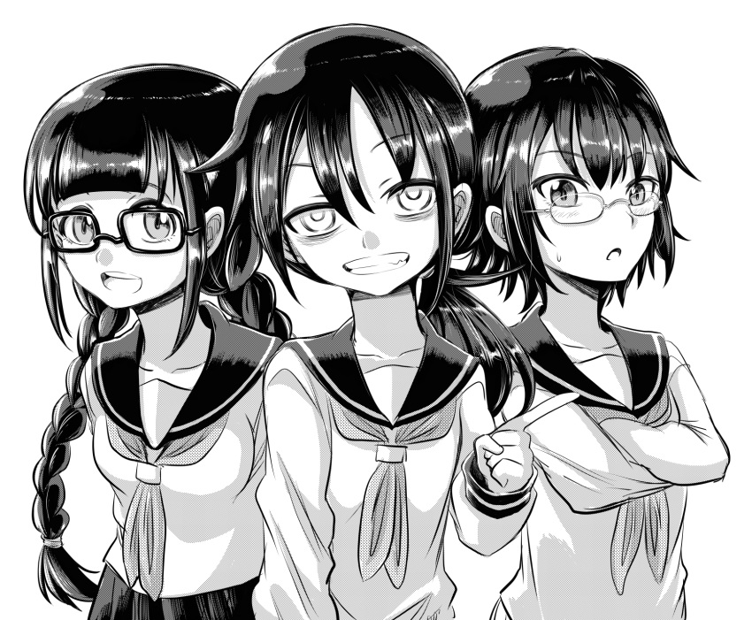 :d :o bags_under_eyes bespectacled black_hair braid commentary_request crossed_arms glasses greyscale grin highres index_finger_raised komiyama_kotomi kuroki_tomoko long_hair low_ponytail monochrome multiple_girls naruse_yuu neckerchief newsprint_texture open_mouth school_uniform serafuku short_hair smile sweatdrop teeth twin_braids watashi_ga_motenai_no_wa_dou_kangaetemo_omaera_ga_warui! younger zatou_(kirsakizato)