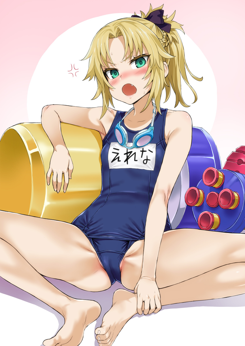 :o absurdres anger_vein arm_up asanagi bangs bare_legs barefoot blonde_hair blue_swimsuit blush bow braid cameltoe cosplay fang fantia_reward fate/grand_order fate_(series) feet flat_chest goggles goggles_around_neck green_eyes hair_bow hair_ribbon helena_blavatsky_(fate/grand_order) helena_blavatsky_(swimsuit_archer)_(fate) helena_blavatsky_(swimsuit_archer)_(fate)_(cosplay) highres looking_at_viewer mordred_(fate) mordred_(fate)_(all) name_tag old_school_swimsuit one-piece_swimsuit open_mouth paid_reward parted_bangs ponytail ribbon school_swimsuit simple_background sitting soles solo spread_legs sweat swimsuit v-shaped_eyebrows