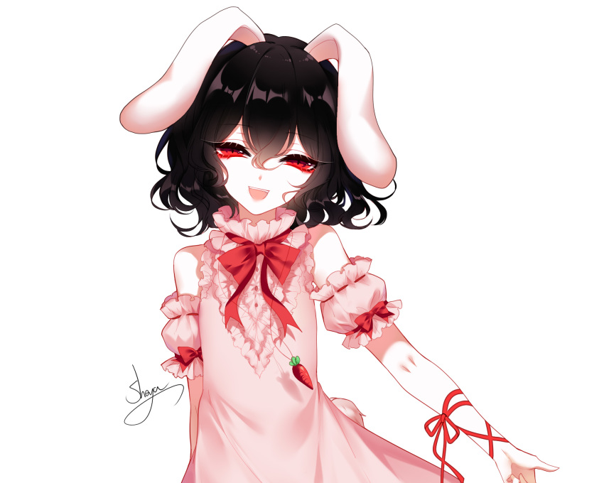 :d adapted_costume animal_ears arm_ribbon artist_name bare_shoulders black_hair bow bowtie bunny_ears bunny_tail carrot_necklace center_frills detached_sleeves dress eyebrows_visible_through_hair frilled_dress frills hair_between_eyes head_tilt highres inaba_tewi looking_at_viewer open_mouth pink_dress puffy_short_sleeves puffy_sleeves red_bow red_eyes red_neckwear red_ribbon ribbon ribbon-trimmed_sleeves ribbon_trim sheya short_hair short_sleeves signature simple_background smile solo tail touhou upper_body white_background