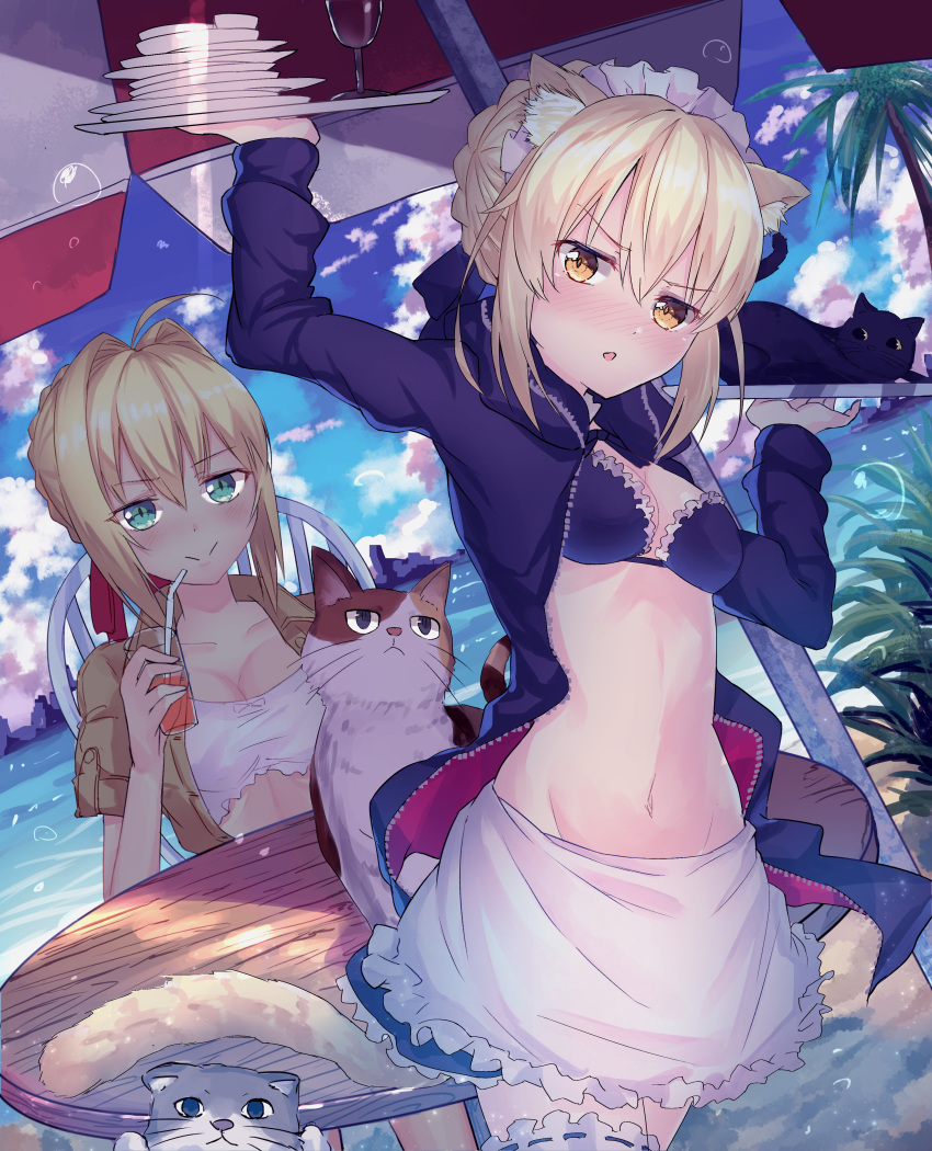 absurdres ahoge alternate_costume animal_ears apron artoria_pendragon_(all) artoria_pendragon_(swimsuit_rider_alter) beach bikini black_bikini black_jacket blonde_hair blush braid breasts cat cat_ears cleavage commentary dutch_angle embarrassed eyebrows_visible_through_hair fate/grand_order fate_(series) french_braid frilled_apron frilled_bikini_top frills green_eyes hair_between_eyes hair_intakes highres jacket kemonomimi_mode leg_garter long_hair long_sleeves looking_at_another maid_apron maid_bikini maid_headdress medium_breasts multiple_girls muragaki_(sgxx4878) navel nero_claudius_(fate) nero_claudius_(fate)_(all) ocean open_clothes open_jacket open_mouth saber_alter short_sleeves sidelocks small_breasts smile smug stomach swimsuit tray waist_apron white_apron yellow_eyes