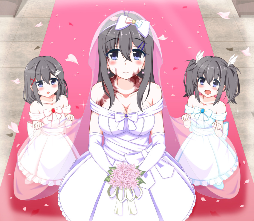 :d :o black_hair blue_eyes blush breasts bridal_veil bride burn_scar child cleavage collarbone commentary_request dorei_to_no_seikatsu_~teaching_feeling~ dress earrings elbow_gloves eyebrows_visible_through_hair eyes_visible_through_hair gloves hair_between_eyes hair_ornament hairclip heart heart_earrings highres jewelry long_hair looking_at_another looking_at_viewer mother_and_daughter multiple_girls older open_mouth petals scar smile strapless strapless_dress sylvie_(dorei_to_no_seikatsu) takahiko tears twintails veil wedding wedding_dress white_dress white_gloves