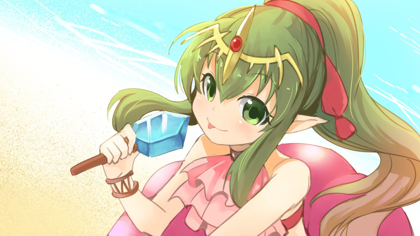 bare_shoulders beach chiki commentary_request day fire_emblem fire_emblem:_monshou_no_nazo fire_emblem_heroes food green_eyes green_hair hair_ribbon highres long_hair mamkute nakabayashi_zun pink_swimsuit pointy_ears ponytail popsicle red_ribbon ribbon sand solo swimsuit tiara tongue tongue_out water
