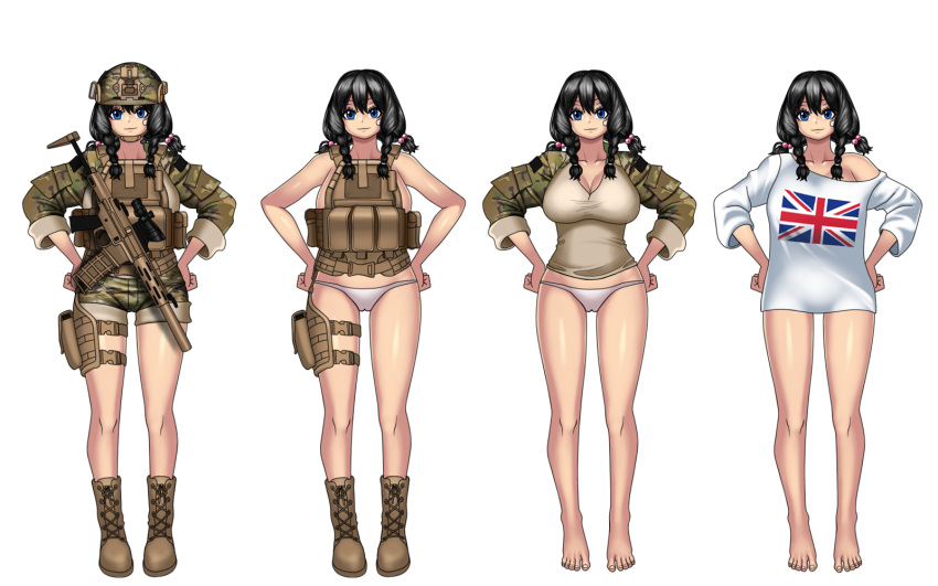 barefoot black_hair blue_eyes boots braid breasts gun highres honey_badger_(gun) military military_uniform mk001black original rifle self_upload uniform weapon