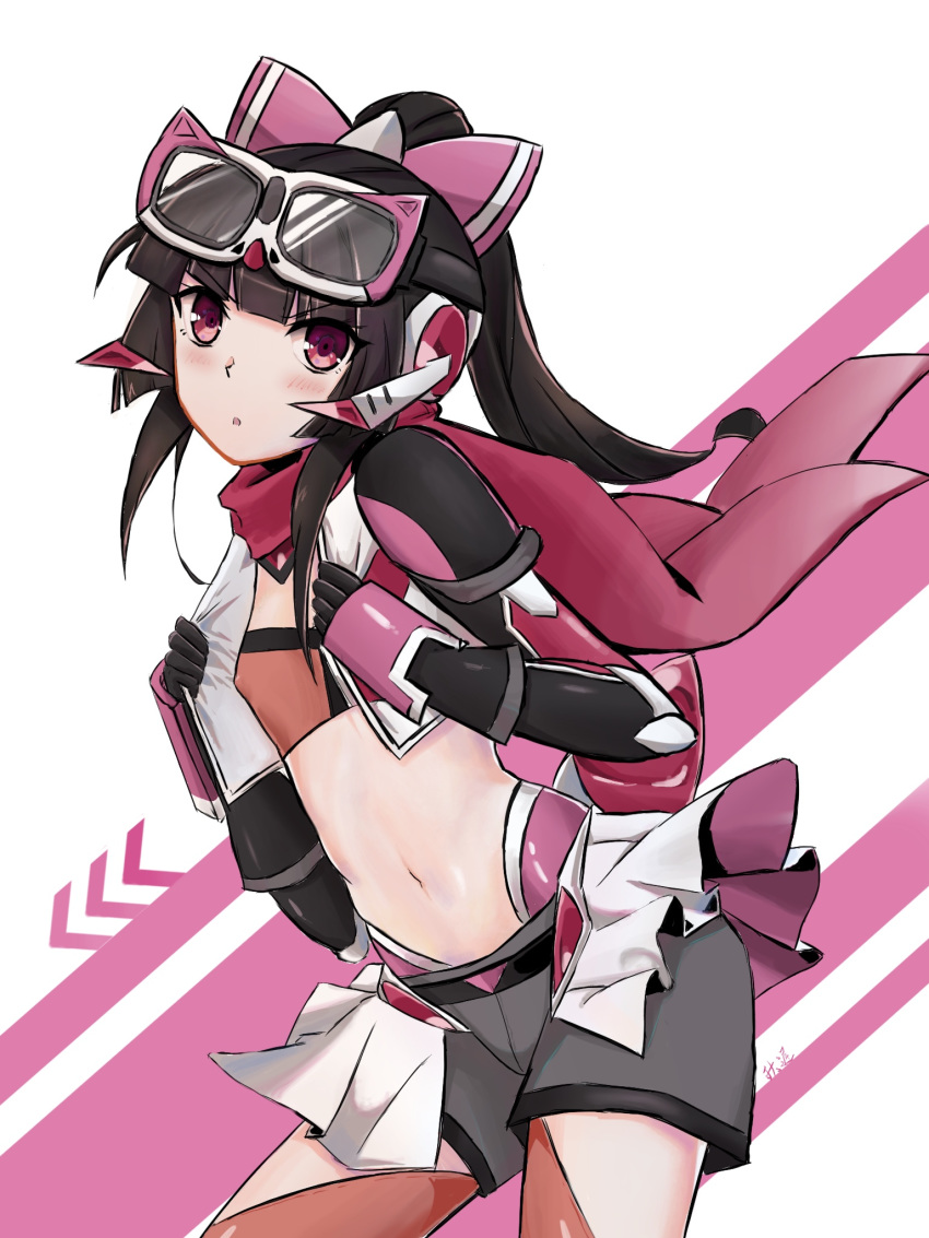 alternate_costume alternate_hairstyle black_hair blush bow covered_nipples eyewear_on_head frills gloves hair_bow headphones highres long_hair long_sleeves looking_at_viewer midriff navel open_mouth pink_bow ponytail red_eyes resonancq senki_zesshou_symphogear senki_zesshou_symphogear_xd_unlimited shorts solo tsukuyomi_shirabe vest white_background