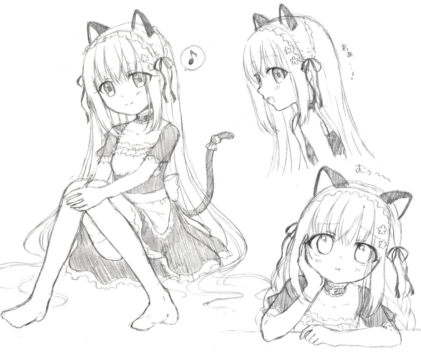 :d :t animal_ears apron arm_support arm_up bangs blush braid cat_ears cat_girl cat_tail choker closed_mouth collarbone dress eighth_note eyebrows_visible_through_hair greyscale hair_between_eyes hair_ribbon highres knees_together_feet_apart long_hair maid monochrome multiple_views musical_note no_shoes open_mouth original pout ribbon riria_(happy_strawberry) short_sleeves sitting sketch smile spoken_musical_note tail tail_garter tail_raised thighhighs translated very_long_hair waist_apron