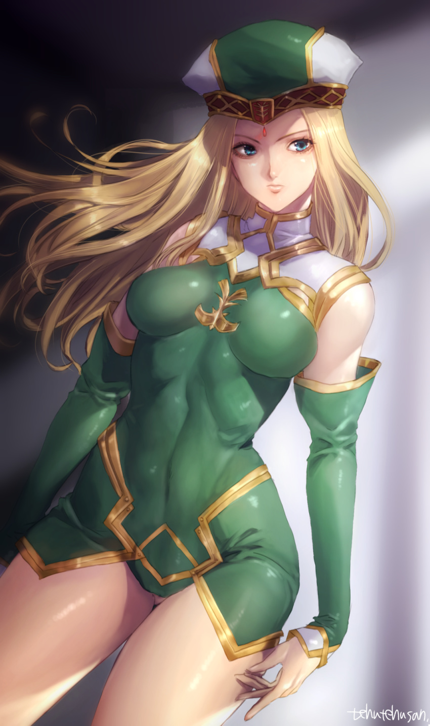 artist_name blonde_hair blue_eyes breasts closed_mouth commentary_request covered_navel covered_nipples detached_sleeves dress freya_(valkyrie_profile) green_dress hat highres legs long_hair looking_to_the_side medium_breasts mellowd short_dress skin_tight thighs valkyrie_profile