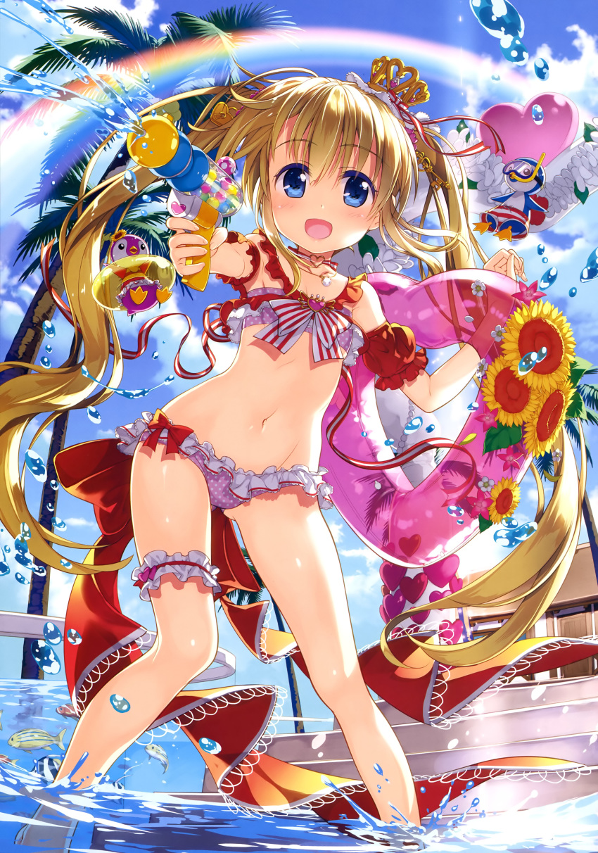 :d absurdres armpits arms_up ass_visible_through_thighs barefoot bikini bird black_eyes blonde_hair blue-framed_eyewear blue_eyes blue_sky boat bow bow_bikini brooch cardfight!!_vanguard character_request cloud cloudy_sky collarbone creature crown day diving_mask eyebrows_visible_through_hair fish flat_chest flower frilled_bikini frilled_swimsuit frills fujima_takuya hair_between_eyes hair_flower hair_ornament hand_up heart heart-shaped_gem heart-shaped_innertube highres holding holding_innertube holding_water_gun innertube jewelry key_hair_ornament leg_garter long_hair looking_at_viewer male_swimwear navel neck_ribbon necklace official_art one-piece_swimsuit open_mouth outdoors pacifica_(cardfight!!_vanguard) palm_tree penguin pigeon-toed pink_bikini pink_brooch pink_innertube pink_lips polka_dot polka_dot_bikini rainbow red_bow red_garter ribbon scan sky smile solo striped striped_ribbon striped_swim_trunks striped_swimsuit sunflower swim_trunks swimsuit swimwear tongue tree twintails water water_gun watercraft white_frills white_polka_dots yellow_flower