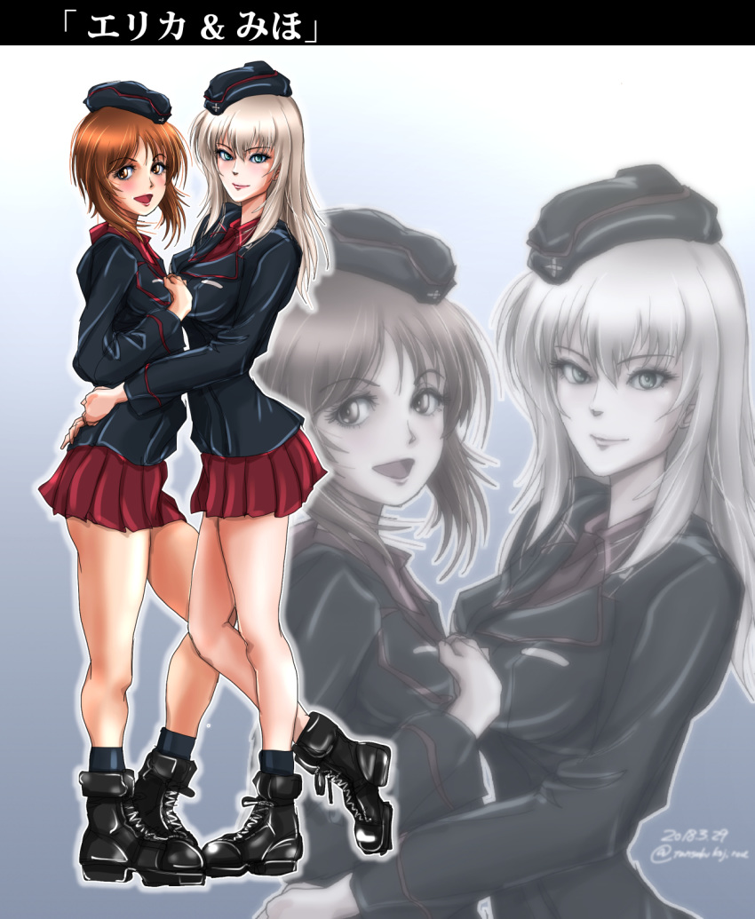 ankle_boots bangs black_footwear black_hat black_jacket black_legwear blue_eyes boots brown_eyes brown_hair character_name closed_mouth commentary cross-laced_footwear dated dress_shirt emblem eyebrows_visible_through_hair from_side garrison_cap girls_und_panzer hat highres hug itsumi_erika jacket kuromorimine_military_uniform lace-up_boots long_hair long_sleeves looking_at_viewer military military_hat military_uniform miniskirt multiple_girls nishizumi_miho open_mouth pleated_skirt red_shirt red_skirt shirt short_hair silver_hair skirt smile socks standing tomokoji twitter_username uniform yuri zoom_layer