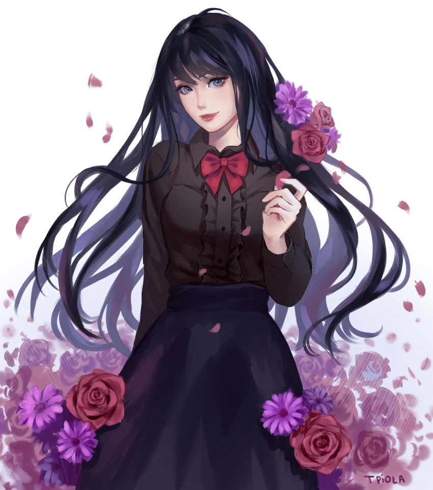 artist_name bangs black_shirt black_skirt bow collared_shirt commentary commission english_commentary flower frilled_shirt frills grey_eyes highres long_hair long_skirt long_sleeves looking_at_viewer original petals purple_flower red_bow red_flower red_lips red_rose rose shirt skirt smile solo tpiola very_long_hair