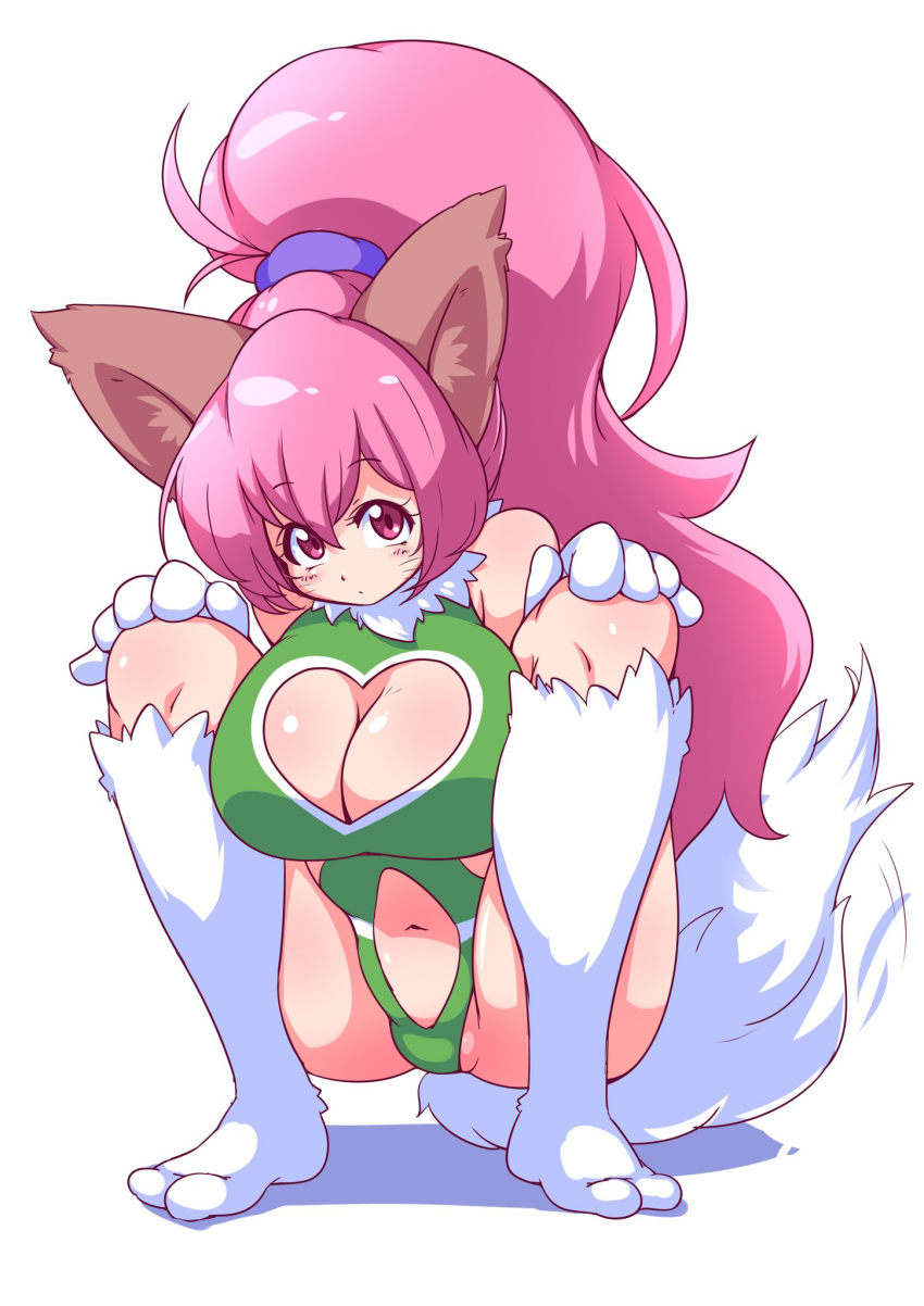 1girl animal_ears ass bare_legs bare_shoulders breasts cat_ears cat_girl cleavage cleavage_cutout curvy female full_body heart_cutout highleg highleg_leotard huge_ass huge_breasts leotard long_hair looking_at_viewer paw_print perisie_(star_ocean) pink_hair ponytail ryoi shiny shiny_skin simple_background star_ocean star_ocean_first_departure tail thick_thighs thighhighs thighs thong_leotard very_long_hair white_background