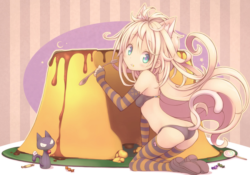:t animal animal_ears ass bangs bikini black_bikini blonde_hair blue_eyes brown_footwear candy cat cat_ears cat_tail commentary_request elbow_gloves fingerless_gloves food food_on_face gloves halloween highres holding holding_spoon kneeling kuro_(kuroneko_no_kanzume) lollipop long_hair looking_at_viewer looking_back original plate pudding shoes solo spoon striped striped_background striped_gloves striped_legwear swimsuit tail thighhighs vertical-striped_background vertical_stripes very_long_hair