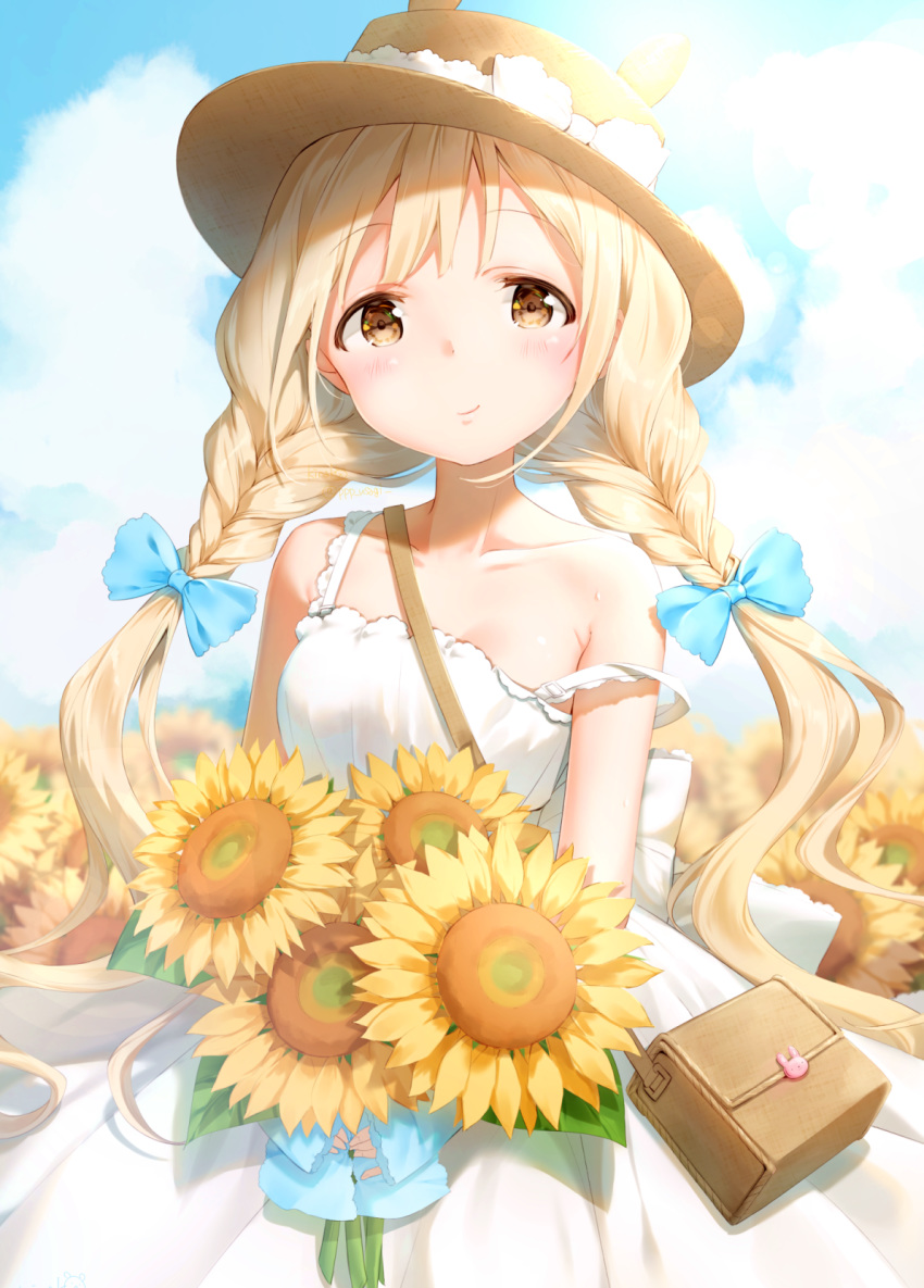 animal_ears animal_hat bag bangs bare_shoulders blonde_hair blue_bow blue_sky blurry blurry_background blush bouquet bow braid breasts brown_eyes brown_hat bunny_ears bunny_hat closed_mouth cloud cloudy_sky collarbone commentary_request day depth_of_field dress eyebrows_visible_through_hair field flower flower_field futaba_anzu hair_bow hat highres holding holding_bouquet idolmaster idolmaster_cinderella_girls long_hair low_twintails outdoors shiratama_akane shoulder_bag sky sleeveless sleeveless_dress small_breasts smile solo strap_slip sun_hat sunflower twin_braids twintails very_long_hair white_dress yellow_flower
