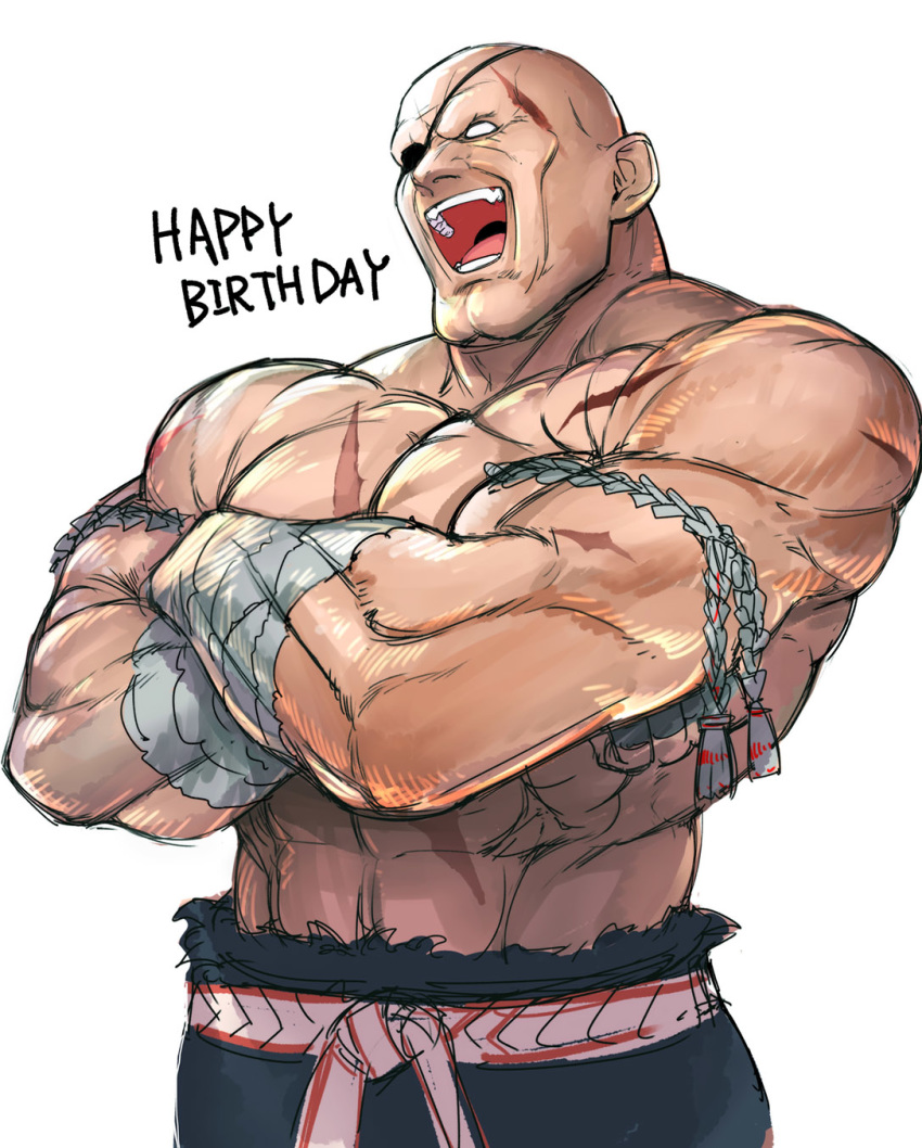 abs bald chest cleft_chin commentary_request crossed_arms eyepatch hand_wraps happy_birthday headband highres laughing male_focus mongkhon muscle no_pupils open_mouth sagat scar shirtless solo street_fighter street_fighter_v tetsu_(kimuchi) white_background