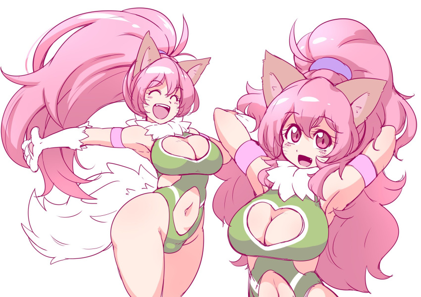 1girl animal_ears ass bare_legs bare_shoulders breasts cat_ears cat_girl cleavage cleavage_cutout curvy fangs female happy heart_cutout highleg highleg_leotard huge_ass large_breasts leotard long_hair looking_at_viewer multiple_views open_mouth paw_print perisie_(star_ocean) pink_hair ponytail ryoi shiny simple_background smile star_ocean star_ocean_first_departure tail thick_thighs thighhighs thighs thong_leotard upper_body very_long_hair