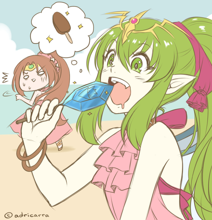 adricarra artist_name bare_shoulders blue_sky bracelet brown_hair chiki cloud commentary day fire_emblem fire_emblem:_monshou_no_nazo fire_emblem_heroes food green_eyes green_hair hair_ribbon highres jewelry linda_(fire_emblem) long_hair mamkute multiple_girls open_mouth pink_swimsuit pointy_ears ponytail popsicle red_ribbon ribbon sky swimsuit tiara