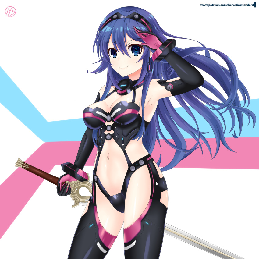 armpits blue_eyes blue_hair breasts choujigen_game_neptune cleavage commentary_request cosplay elbow_gloves falchion_(fire_emblem) fire_emblem fire_emblem:_kakusei gloves helvetica_5tandard highres iris_heart iris_heart_(cosplay) long_hair lucina medium_breasts navel neptune_(series) patreon_username revealing_clothes smile solo tiara