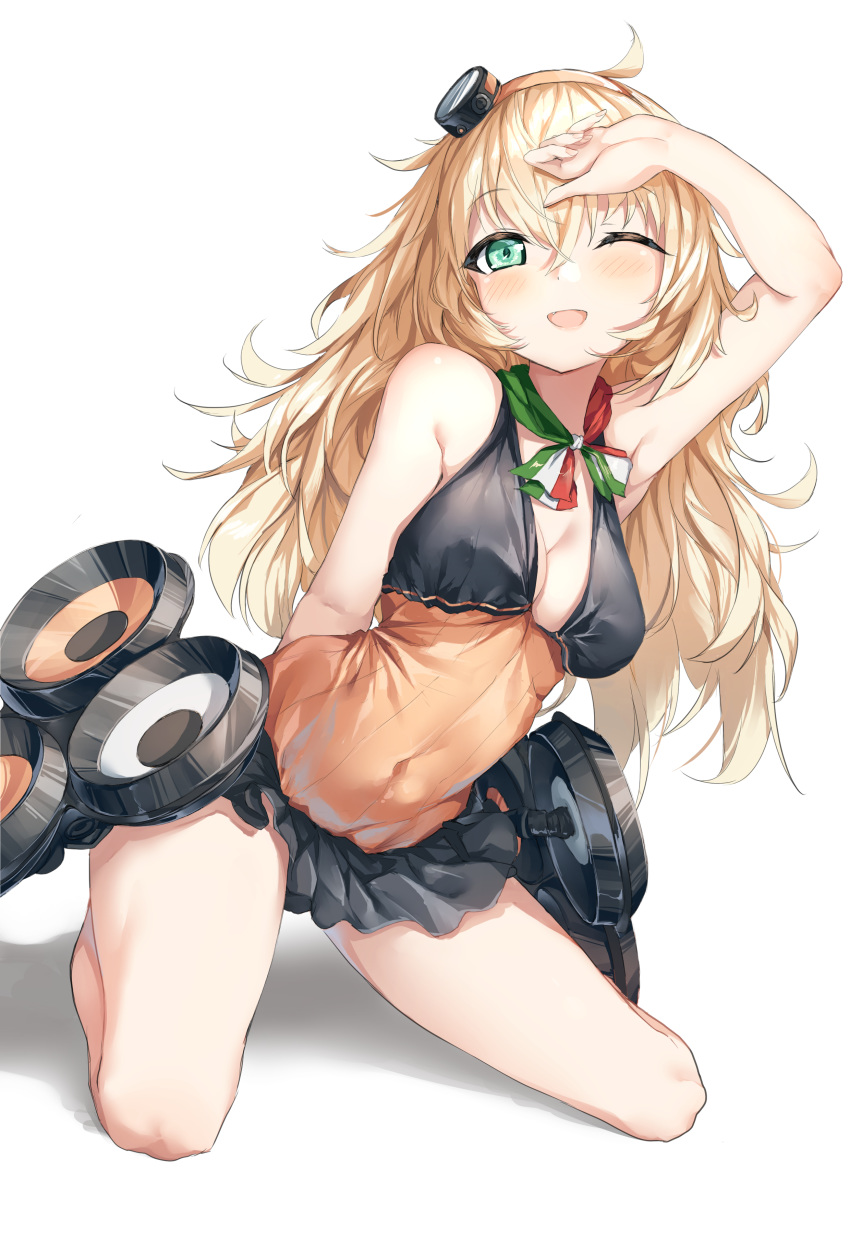 absurdres alternate_costume arm_behind_back armpits bangs bare_shoulders black_skirt blonde_hair blush breasts cleavage collarbone commentary covered_navel eyebrows_visible_through_hair fang girls_frontline gloves green_eyes hair_between_eyes hair_ornament hairband hand_on_own_head hansal highres italian_flag italian_flag_neckwear kneeling long_hair looking_at_viewer machinery messy_hair neckerchief no_bra one_eye_closed open_mouth orange_hairband pleated_skirt s.a.t.8_(girls_frontline) shirt sidelocks simple_background skirt sleeveless sleeveless_shirt smile solo thighs very_long_hair white_background
