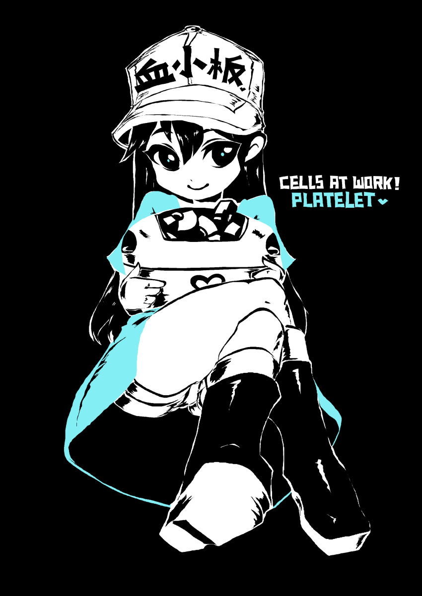 absurdres character_name copyright_name crossed_legs flat_cap hat hataraku_saibou highres invisible_chair limited_palette long_hair looking_at_viewer monori_rogue platelet_(hataraku_saibou) shorts sitting smile solo spot_color