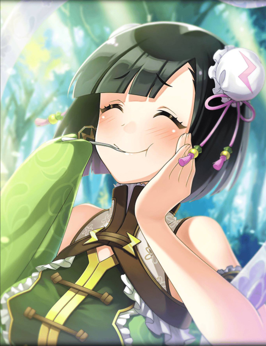 blush closed_eyes dempagumi double_bun eating eyebrows_visible_through_hair foodgasm green_hair hand_on_own_cheek hand_on_own_face highres nemue official_art phantom_of_the_kill short_hair smile spoon_in_mouth tree