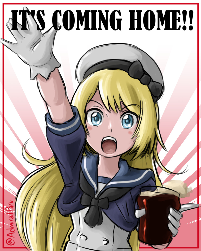 2018_fifa_world_cup admiral_paru alcohol beer blonde_hair blue_eyes blue_sailor_collar commentary cup dress drinking_glass england english english_commentary gloves hat highres jervis_(kantai_collection) kantai_collection long_hair looking_at_viewer open_mouth propaganda sailor_collar sailor_dress sailor_hat short_sleeves soccer solo twitter_username waving white_dress white_gloves white_hat world_cup