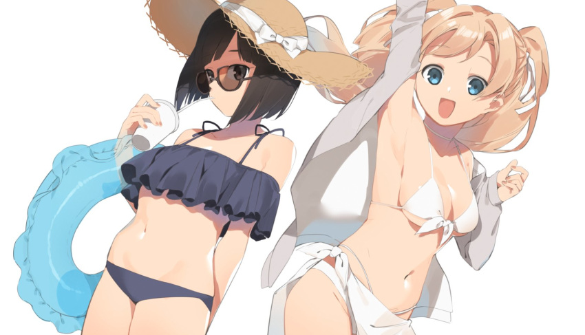 2l_(2lsize) :d arm_up armpits bikini black_bikini black_eyes black_hair blue_eyes breasts choker drinking drinking_straw dutch_angle eyebrows_visible_through_hair hair_ribbon hat highres innertube jacket light_brown_hair long_hair medium_breasts multi-strapped_bikini multiple_girls open_clothes open_jacket open_mouth original protected_link ribbon sarong short_hair simple_background small_breasts smile straw_hat sun_hat sunglasses swimsuit two_side_up white_bikini